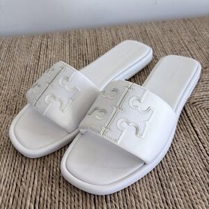 TORY BURCH Comfy Double T Leather Sport Slide Sz 9 Optic White $198 #140079